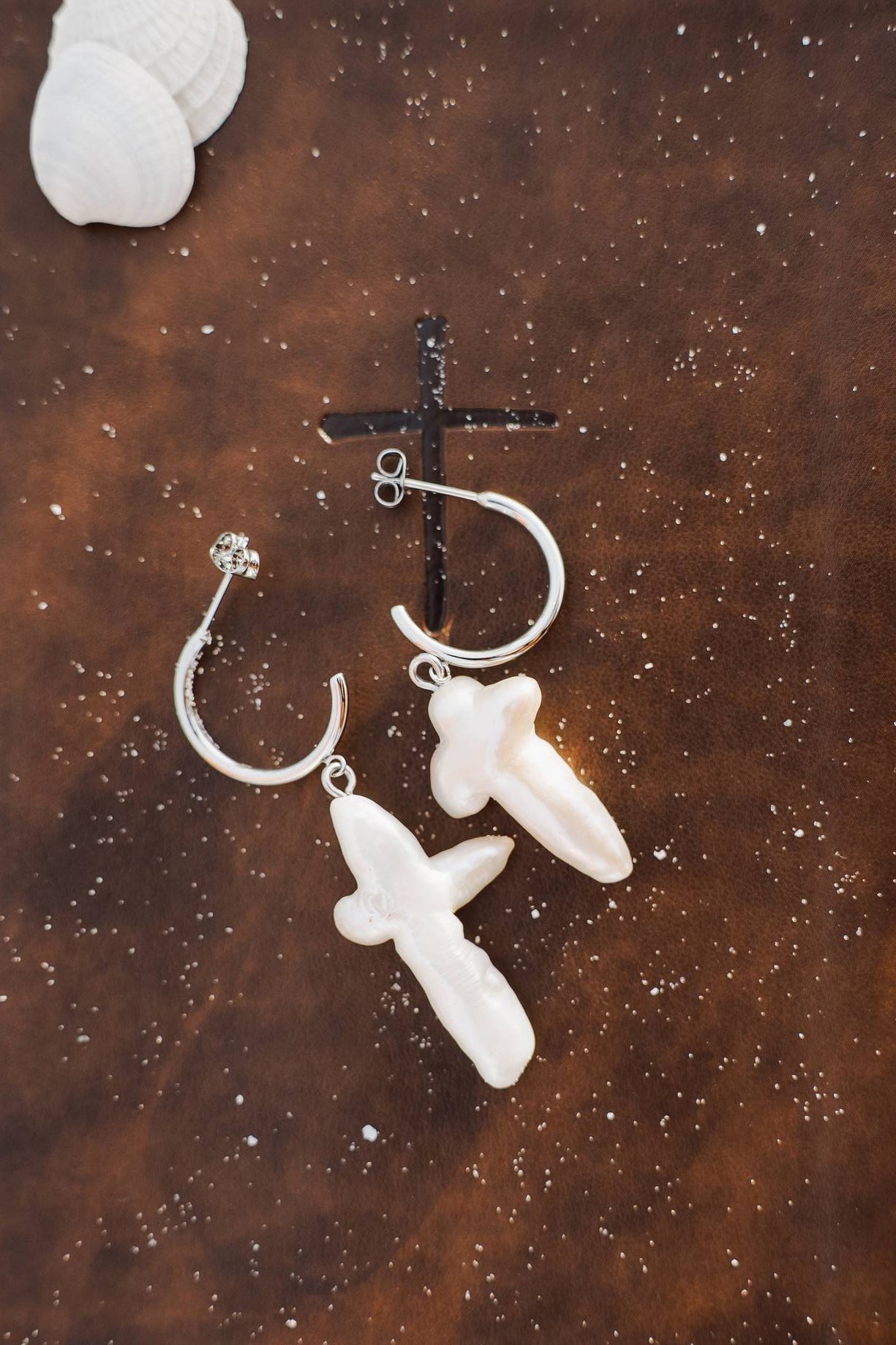 Large (Stainless Steel) - Freshwater Baroque Pearl Cross Earrings