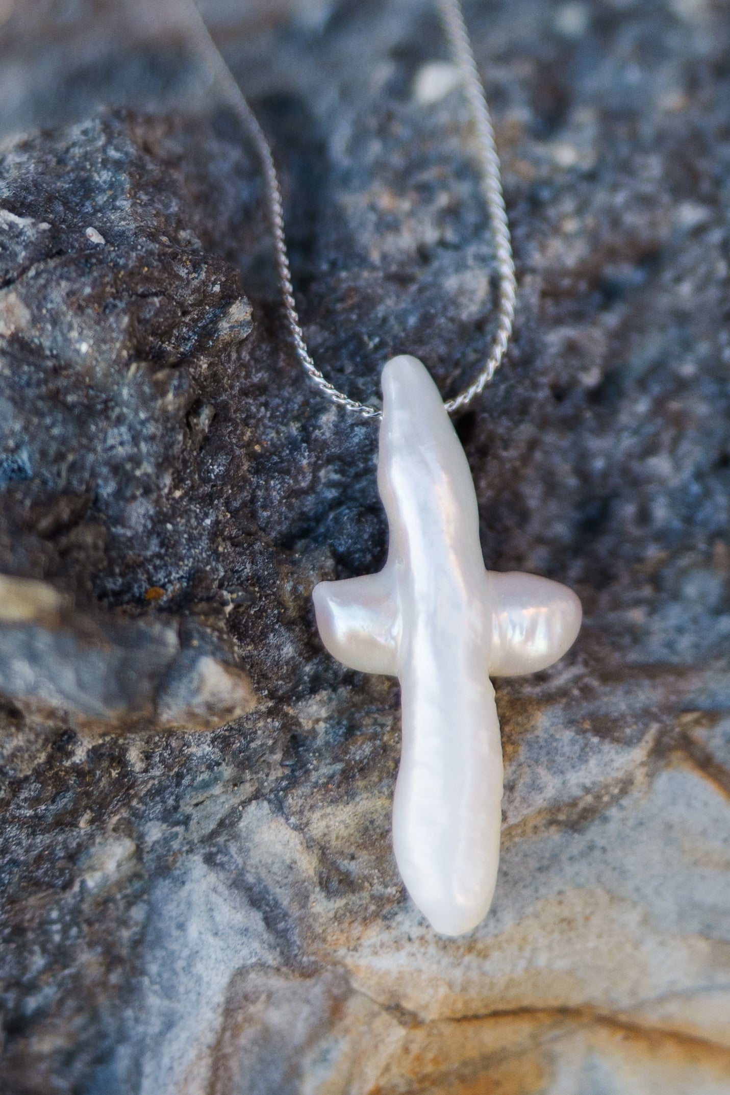 Large (Stainless Steel) - Freshwater Baroque Pearl Cross Necklace