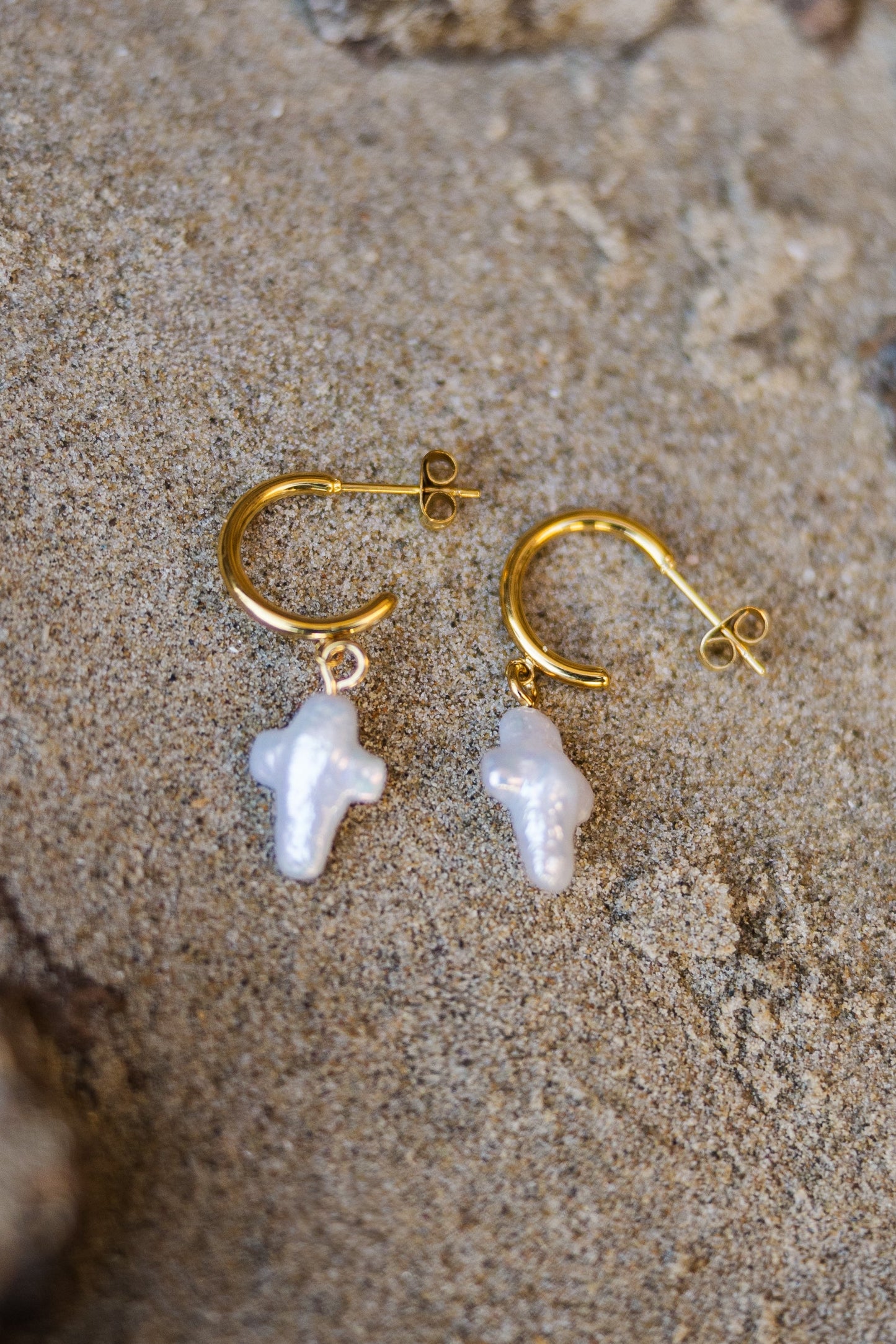 Small (18k Gold Plated) - Freshwater Baroque Pearl Cross Earrings