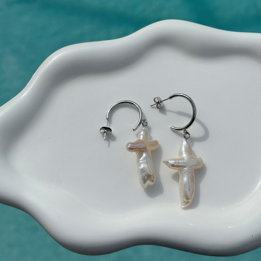 Large (Stainless Steel) - Freshwater Baroque Pearl Cross Earrings