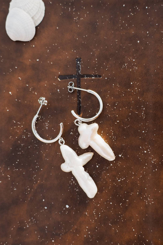 Large (Stainless Steel) - Freshwater Baroque Pearl Cross Earrings